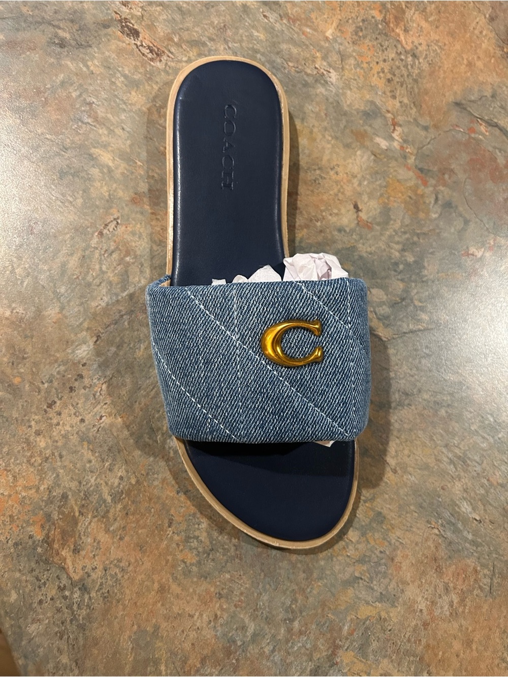 Coach Denim Slide Sandal with Gold 'C' Accent - Navy